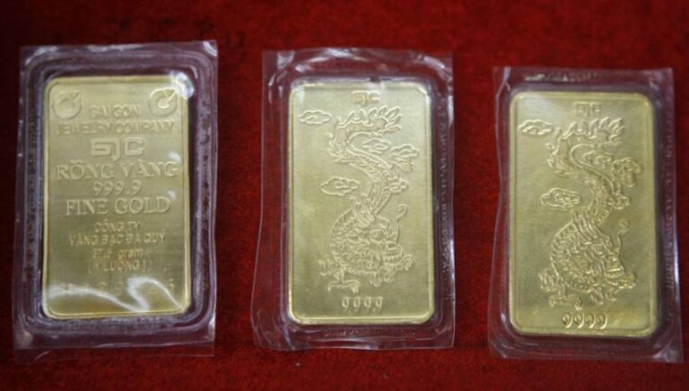 Gold bars are displayed at a shop in Hanoi