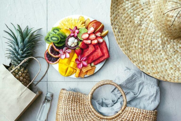 Fresh,Fruit,Plate,And,Set,Of,Summer,Fashion,Beach,Accessories,