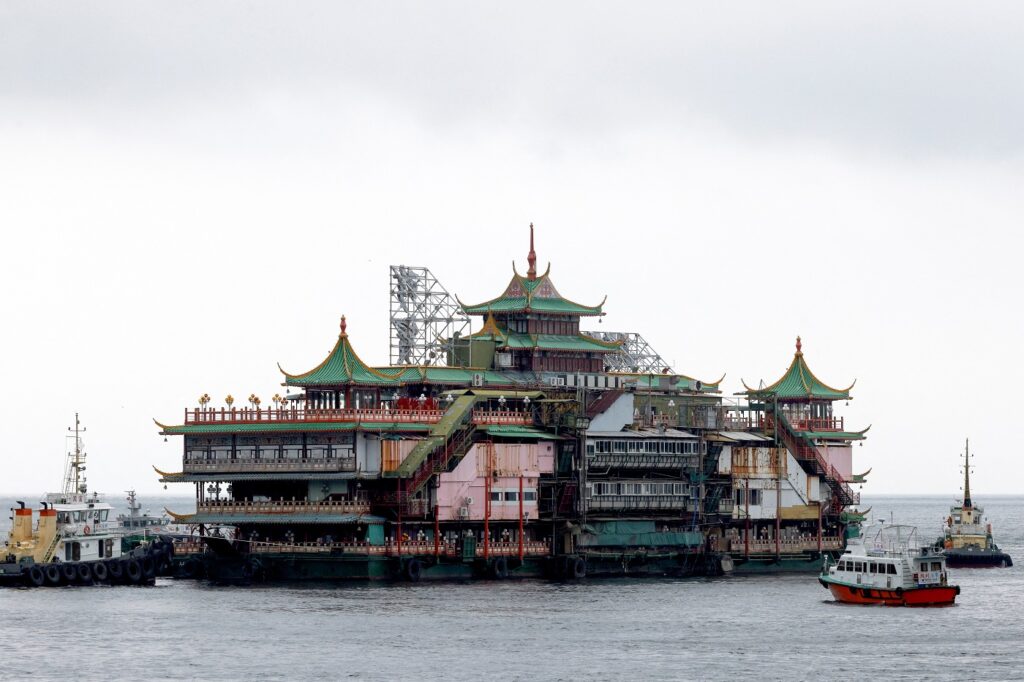 Closed Jumbo Floating Restaurant sails away, in Hong Kong