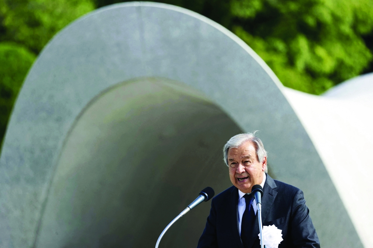 U.N. Secretary General Antonio Guterres delivers a speech during a ceremony to mark the 77th anniversary of the world's first atomic bombing in Hiroshima, Japan