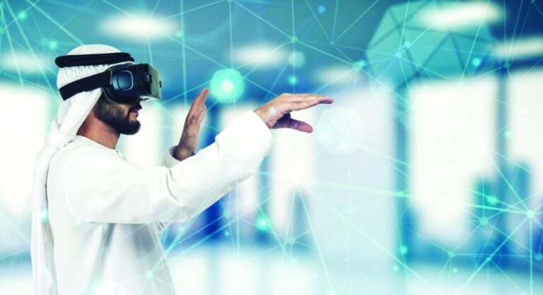Enjoying,New,Experience.,Handsome,Arab,Man,In,Vr,Headset,Gesturing