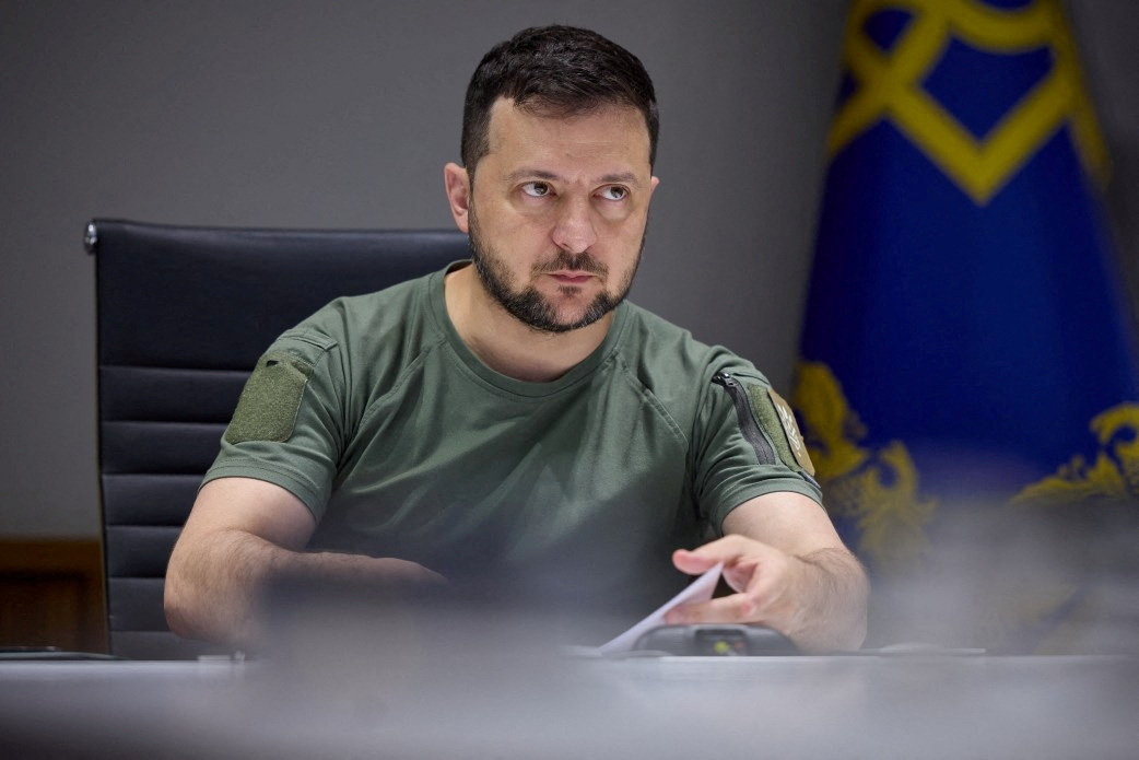 FILE PHOTO: Ukraine's President Zelenskiy attends NATO sumit via video link, in Kyiv