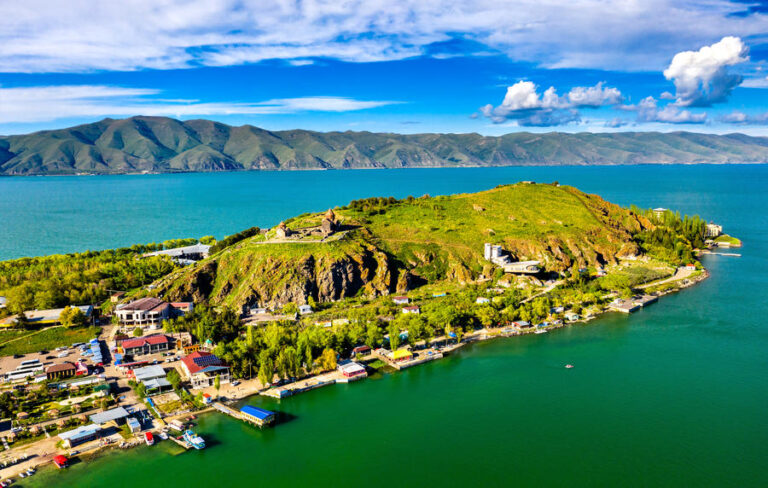 View of Sevan Island in Lake Sevan in Armenia