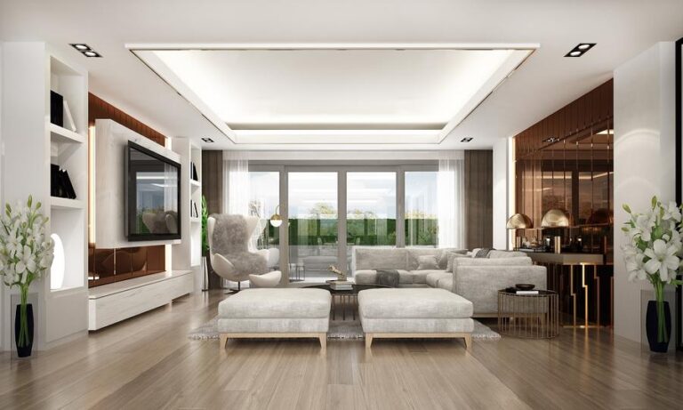 Modern luxury living room interior design and copper texture wal
