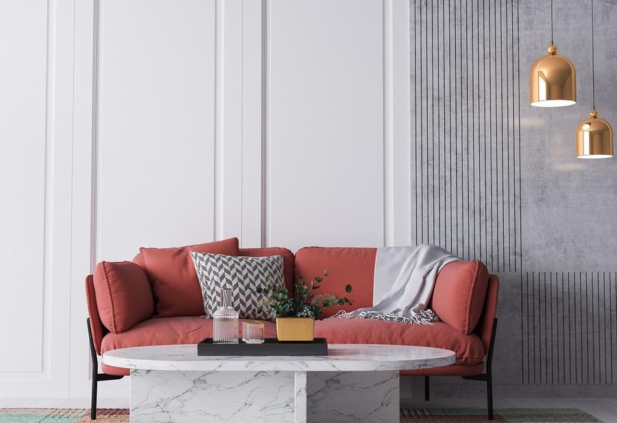 Bright colorful home interior, red sofa on white wall mockup, 3
