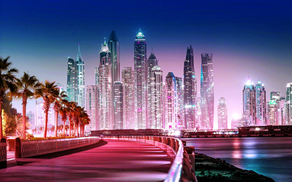 Majestic city view of skyscrapers and hotel buildings in the Dubai Marina area from the palm Jumeirah island in Dubai. Real estate and tourist attractions in the UAE
