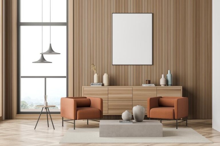 Two,Orange,Armchairs,And,A,Poster,For,The,Modern,Living