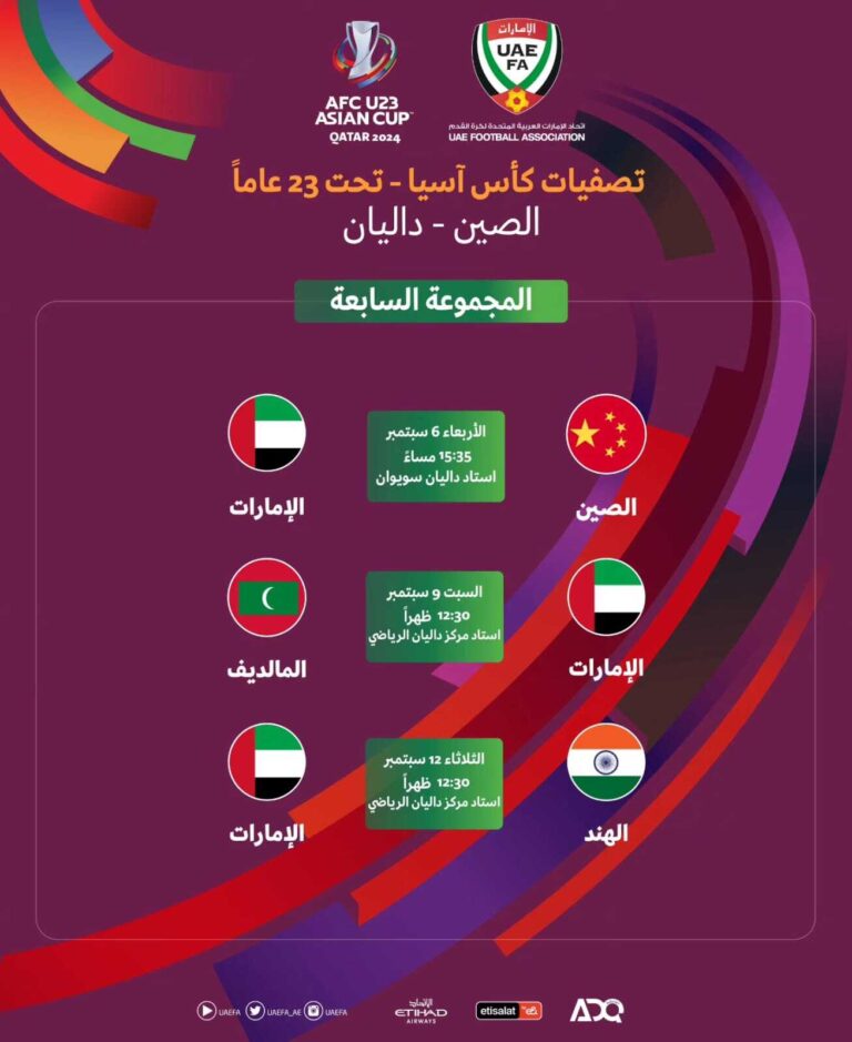 منتخب الإمارات الأولمبي يواجه نظيره الصيني يوم 6 سبتمبر ضمن تصفيات كأس آسيا.