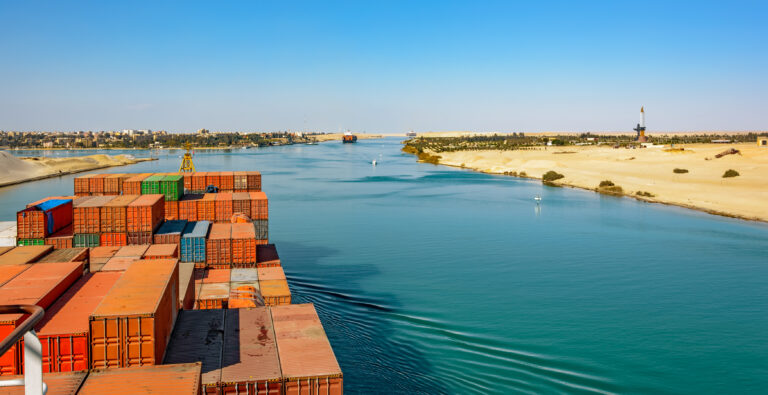 Industrial,Container,Ship,Passing,Through,Suez,Canal,With,Ship's,Convoy,