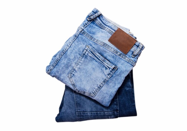 Folded denim, Blue and dark blue jeans on white background set or collage