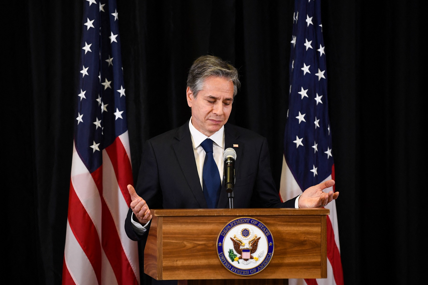 U.S. Secretary of State Blinken speaks to the media ahead of the G7 summit, in Berlin