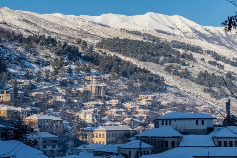 Winter,Landscape,,Covered,With,Snow.,Panorama,Of,Gjirokastër,(gjirokaster),,Albania,