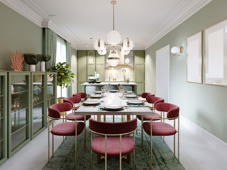 Dining,Area,With,Dining,Table,,Turquoise,Chairs,,White,Marble,Countertop,