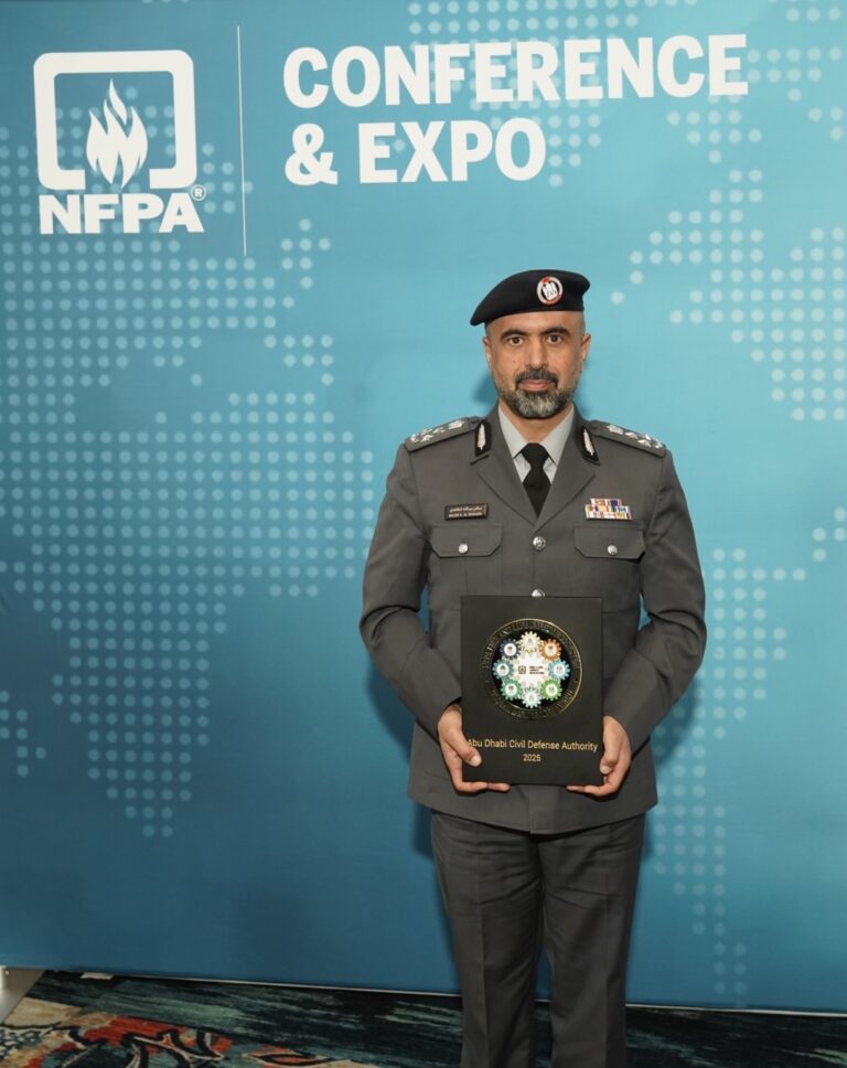 H.E. Brigadier General Salem Abdulla Al Dhaheri, Director General, Abu Dhabi Civil Defense Authority with NFPA Fire & Life Safety Ecosystem Global Influencer Award.jpeg