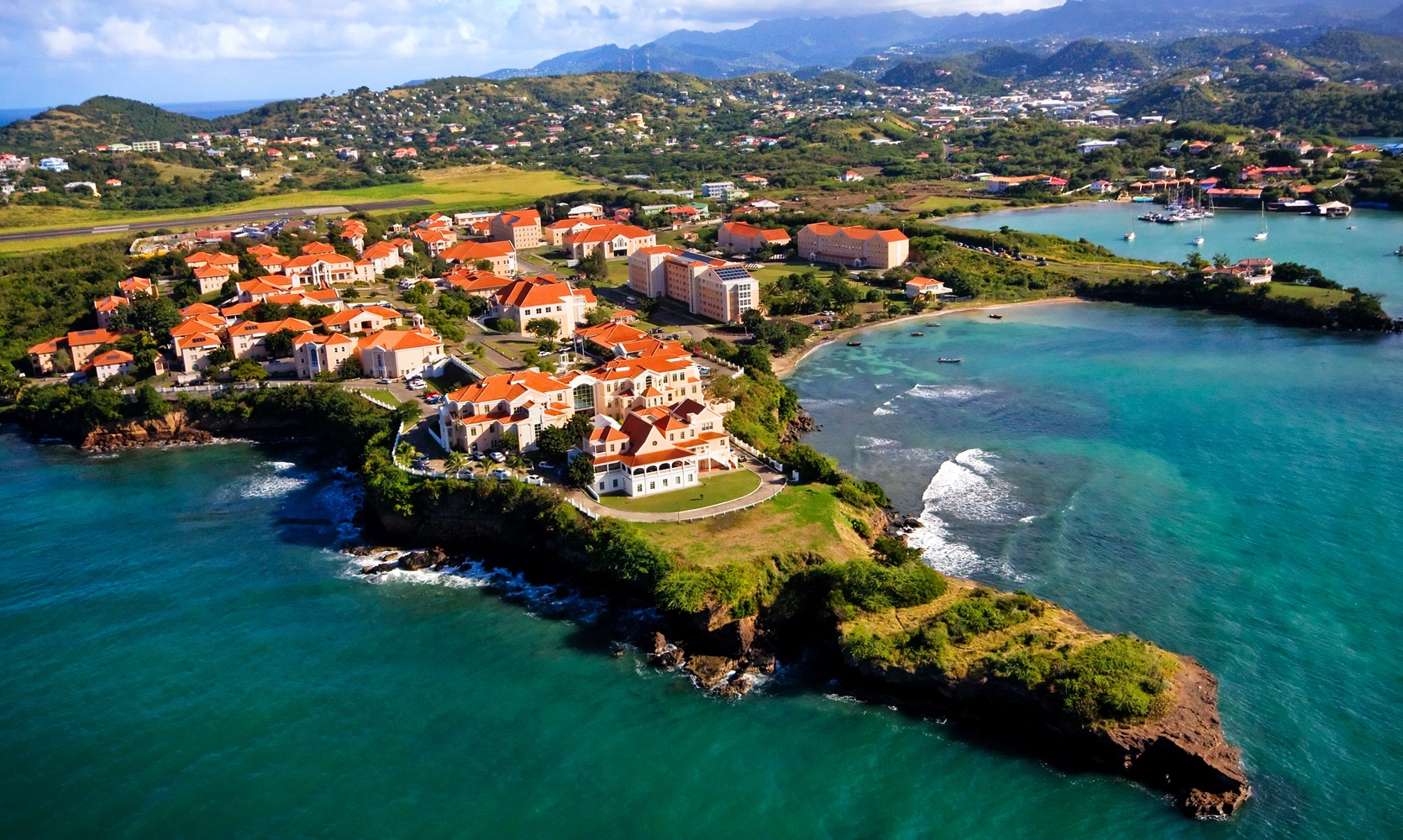 Aerial seaside view of SGU Grenada campus
